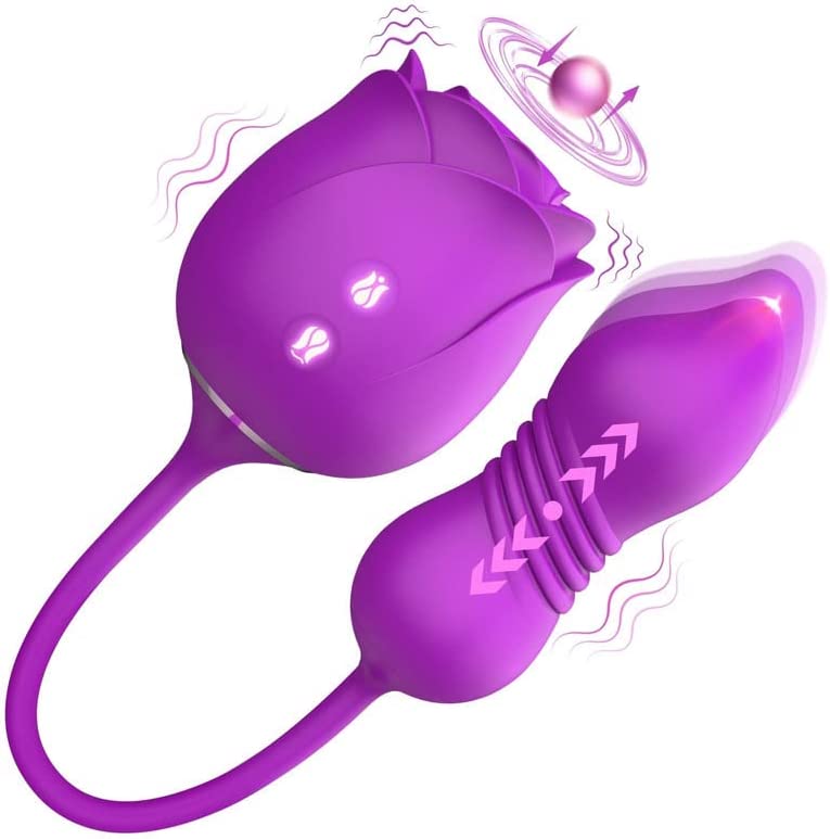 Air Pulse Tapping Clit Rose Vibrator with Thrusting Dildo