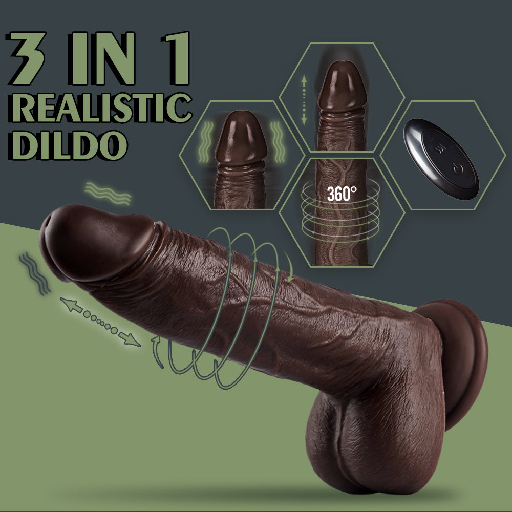 Silicone 3 in 1 Realistic Vibrating Dildo - Large Black