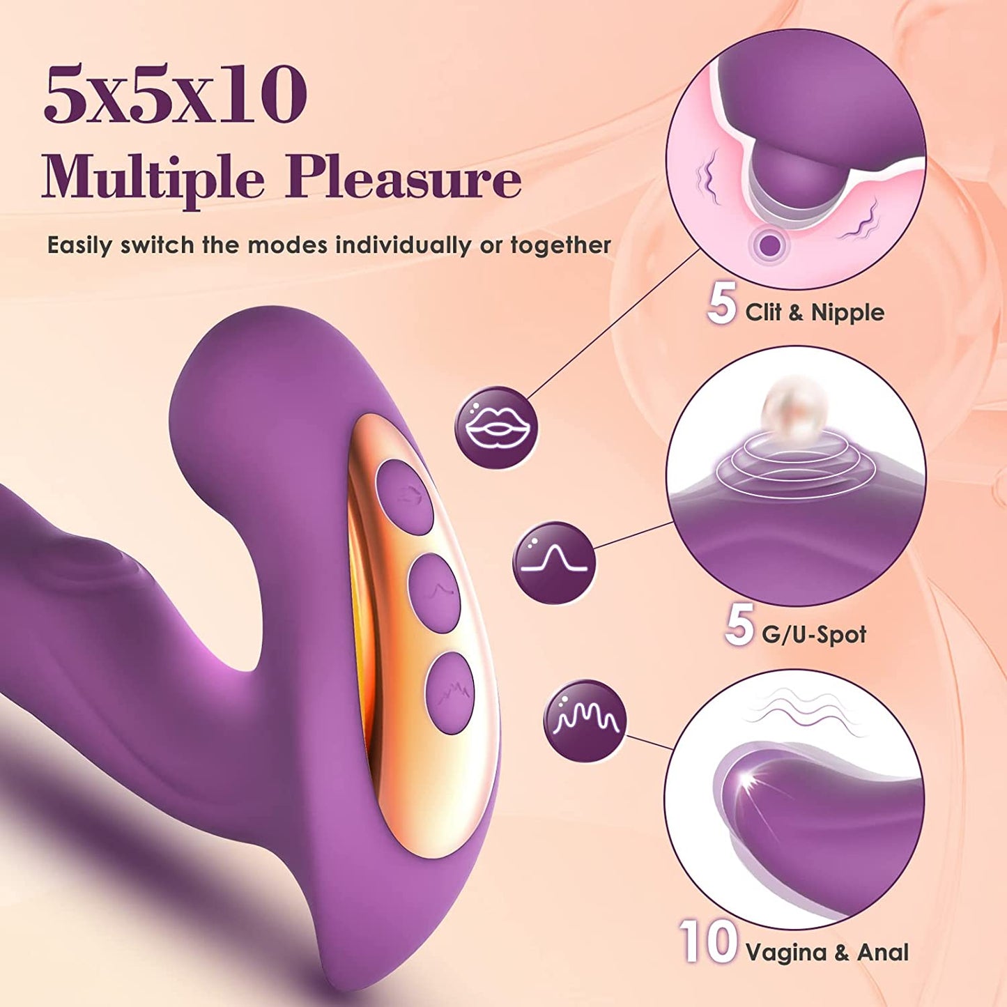 5*5*10 Modes Clitoral Vibrator 3 in 1 Stimulator G-Spot for Women